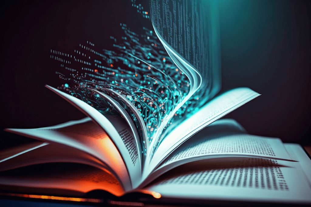 An open book with the pages turning as digitized text appears to be flowing off of the page