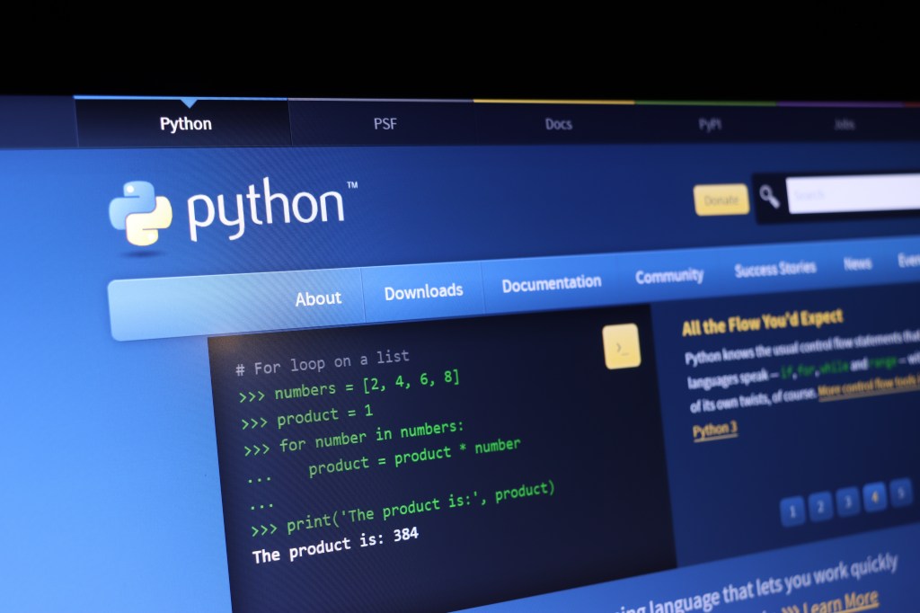 Python programming interface showcasing for loop code and documentation tabs.